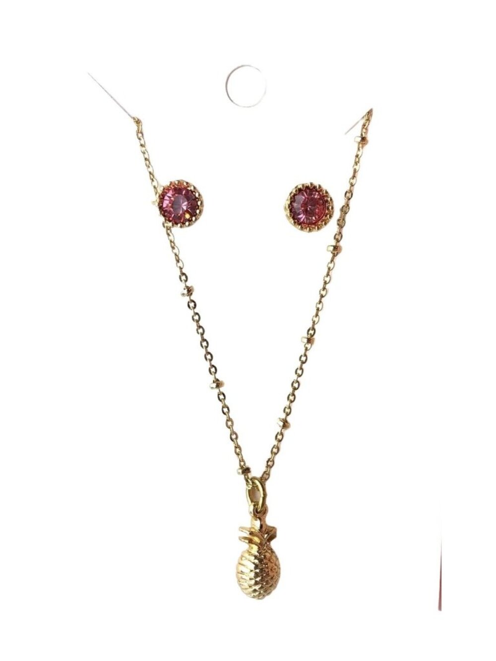 LC Lauren Conrad Gold Tone Necklace Earrings Set Pineapple Pendant & Pink Studs